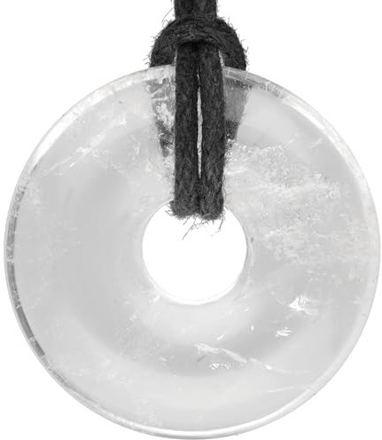 Lebensquelle Plus Edelstein Donut Ø 30 mm + Baumwollband + Edelsteinkarte | Naturstein Anhänger Halskette | Echte Heilsteinkette inkl. Band (Bergkristall)