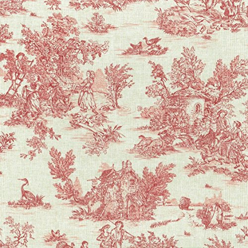 Textiles français Tissu de Coton imprimé - Toile de Jouy | La Vie Rustique - Vieux Rouge (Fond: Aspect Lin) | Largeur: 155 cm (par Mètre Linéaire)*
