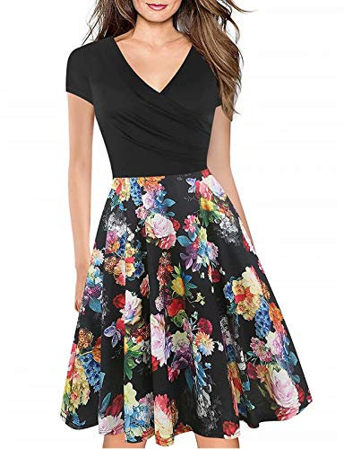 Women's Criss-Cross Necklines V-Neck Cap Sleeve Floral Casual Work Stretch Swing Summer Dress Party Dress Black Rose(M)