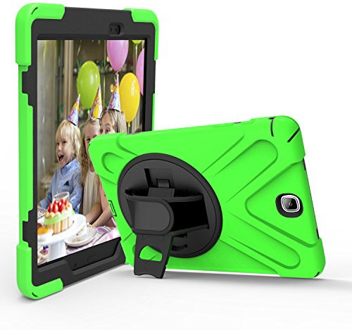 QIHANG Samsung Galaxy Tab a 9.7 Pulgadas (sm-t550/SM de T551/sm-t555) – Carcasa de Silicona, 3 Capas Heavy Duty Soft Silicona Hard Bumper Case Soporte + Correa de Mano antigolpes Carcasa Verde Verde