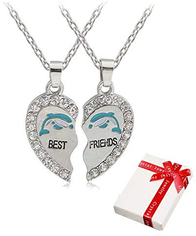 2 Stück Damen Kette Anhänger Silber mit Strass für Paar Pärchen,Herz Freundschaftsketten Best Friends Haslkette Gravur Delphin , Schmuck Partnerketten für beste Freunde,Liebhaber und Couple Geschenke
