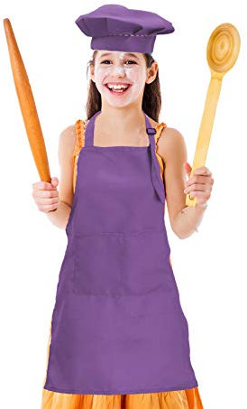 CWFUN Delantal y gorro de chef para niños, juego de delantal de chef morado, delantales ajustables para niños y niñas, babero de cocina con 2 bolsillos para arte, cocina, hornear (4-12 años, morado, 1