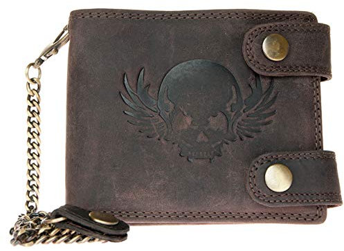 Portefeuille Biker Wild avec tête de Mort 45 cm de chaîne en métal pour accrocher Le Tout en Cuir véritable avec Un crâne