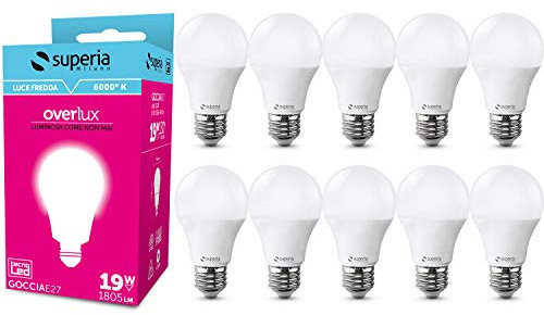 Superia Lampadina LED E27 Goccia, 19W (Equivalenti 130W), Luce Fredda 6000K RA80, Luminosa 1800 lumen, Attacco edison, Risparmio Energetico, Nessuno Sfarfallio, SG27F Pacco da 10