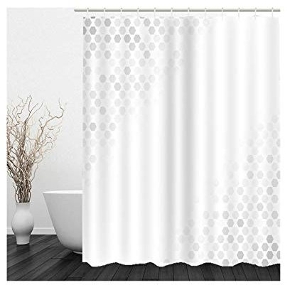 AMDXD Duschvorhang 165x200cm, Sechseck Badewanne Vorhang aus Polyester Stoff mit 12 Duschvorhangringen, für Badewanne Badezimmer, Waschbar, Schnelltrocknend, Anti-Schimmel, Grau Weiß 65X79″