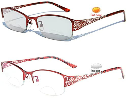 Photochromic Bifocal Reading Glasses for Women, Transition Sunglasses with Red Metal Frame, Female Presbyopia (Red, Magnification 0.00/+2.50), red, 0.00/+2.50 Magnification