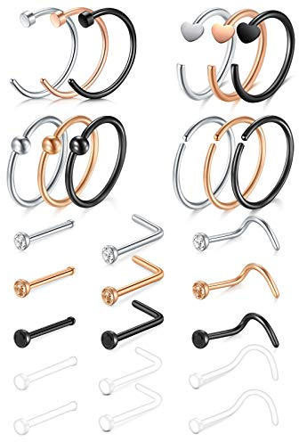 AceFun Nasenpiercing Set Silber 20G 0,8mm, 8mm Nasenringe 7mm Nasenstecker | 8mm Nasenpiercing Ringe, 7mm Nasenpiercing Stecker L Form, Nose Bone & Spirale, Piercing Nase Rosegold 316L Edelstahl CZ Herz
