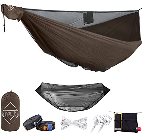 Onewind Ridgeline - Hamaca de camping de 11 pies con correas de árbol, hamaca doble con mosquitera, hamaca doble portátil para campamento salvaje, mochileros y senderismo, color marrón coyote