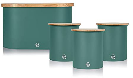 Swan Nordic Green Kitchen Accessory Set with Bread Bin and Cutting Board Lid and Set of 3 Storage Canisters, Bamboo Lids, Handy Storage, Soft Matte Finish, STP1022GREN