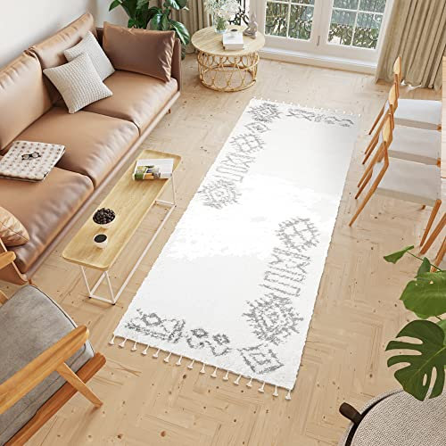 TAPISO Boho Teppich Läufer Kurzflor Shaggy Creme Grau Muster Ethno Fransen Schlafzimmer Wohnzimmer Design Modern 100 x 160 cm