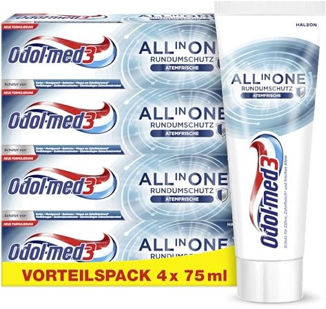 Odol-med3 All in One Rundumschutz Atemfrische Zahnpasta, 4x75ml - für ein reines und extra frisches Mundgefühl.