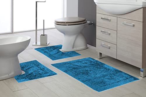 tappeto da bagno art. tenero morbido e folto assorbente con antiscivolo sotto vasca doccia lavabo lavandino bidet e wc water toilette 100% cotone (3 PEZZI (1PZ 50X80CM + 2PZ 50X40CM), AZZURRO)