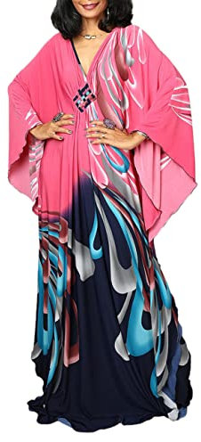 Bsubseach Plus Size Caftan Dresses for Women Swimsuit Cover Up Batwing Sleeve Summer Maxi Kaftan Dress Blue Pink Flower