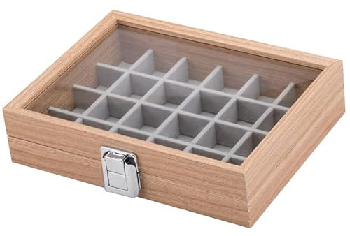 Kleine Holz Schmucklade 24 Fächer für Ringe Ohrringe Halsketten Armbänder Schmuckkasten Schmuckkoffer Schmuckbox Schmuckschatulle Aufbewahrungsbox Deckel mit Echtglas