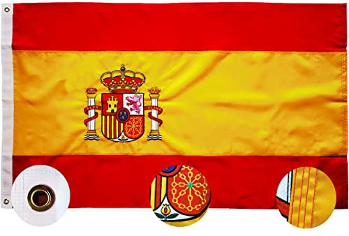 Bandera españa grande para Exterior 90x150cm ,Bordado de y rayas cosidas,Bandera de España balcón Reforzada y con 2 Ojales metálicos Spain flag
