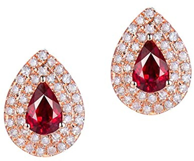 Orecchini con pietra rossa, orecchini in oro rosa 750 a forma di pera, colore rosso, a forma di goccia d'acqua, per San Valentino, anniversario, Oro rosa, Rubino Diamante