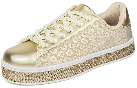 UUBARIS Damen-Tennis-Sneaker, glitzernd, neonfarben, glitzernd, Strass, Bling, Hochzeit, Brautschuhe, glänzende Paillettenschuhe, Goldener Leopardenmuster Glitzer, 43 EU