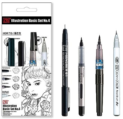 Kuretake ZIG Inktober Spezial-Set, ILLUSTRATION BASIC SET 3 für Manga-Zeichnung, Schriftzug und Kalligraphie, professionelle Künstlerqualität, hergestellt in Japan (4 pcs)