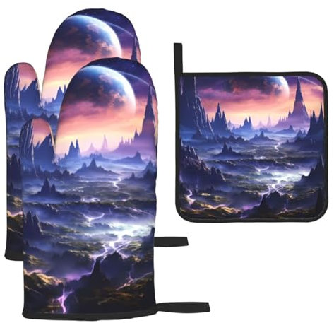 UPGENT Galaxy Stars Hills bedruckte Ofenhandschuhe und Topflappen, 3er-Set, wasserdicht, hitzebeständig, Handschuhe und Topflappen mit Aufhängeschlaufe