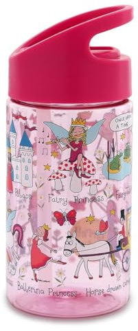 Tyrrell Katz Kids Princess Printed Flip Top Drinking Bottle in Pink with Straw - Dishwasher Safe Lightweight Girls School Water Flask - 400 ml