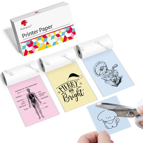 Phomemo 53mm Thermopapier Farbe für T02/M02/M02S/M02Pro/M02X/M02L/M03/M03AS/M04S/M04AS/M832/M833/M834 Mini Taschendrucker, 3 Rollen Farb Thermo papier, 53 mm x 6,5 m, Gelb/Blau/Rosa