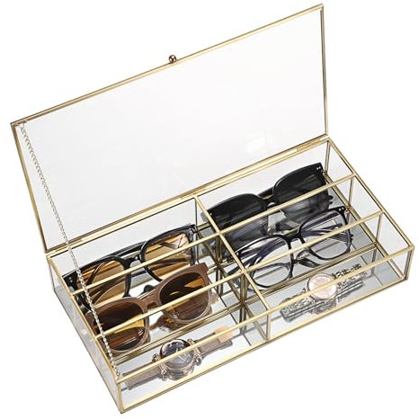 SUMTree 6 Slots Sunglasses Organiser Box with Lid Gold Glass Eyeglasses Display Case with Lock Glasses Display Tray for Women and Men, 34 * 17 * 6.5cm