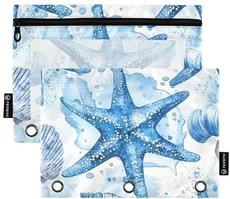 Federmäppchen für 3-Ring-Ordner, Aquarell-Blau, Seesterne, Muscheln, Federmäppchen, Kosmetiktasche mit Reißverschluss, transparentes Fenster für Büro, Reisen, Kosmetik, 2 Stück, Wasserfarben, blaue