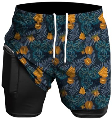 Short de Course 2 en 1 pour Homme, idéal pour la Salle de Sport, Le Sport, Les Marathons et l'entraînement en extérieur Feuilles Tropicales Bleues M