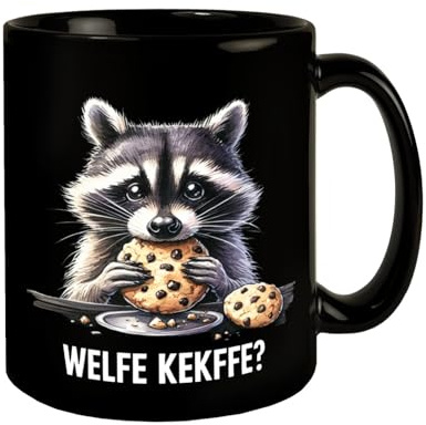 Verfressener Waschbär mit Keksen Tasse in Schwarz mit Spruch Welfe Kekffe? Kekse futtern und den Mund voll - Süßes Tier knabbert ohne viele Worte