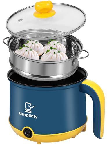 Electric Hot Pot 1.8L Mini Electric Cooking Pot with Steam Rack & Handle, 2 Gear Non-Stick Skillet Cooker,Multi-Function Dry Protection Heating Boil Rapid Ramen Noodles Cooker for Soup Porridge