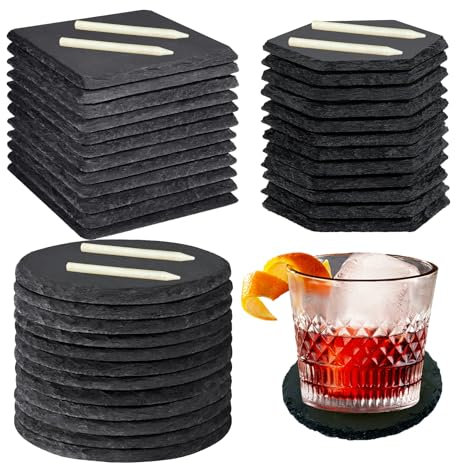 Lot de 36 dessous de verre en ardoise en vrac de 10,2 x 10,2 cm pour gravure au laser - Dessous de verre en pierre naturelle avec craies en stéatite pour la maison, le bureau, le bar, la décoration de