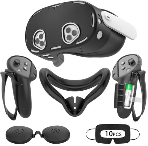 Tyasoleil VR Silicone Case Compatible with Meta/Oculus Quest 3S, VR Accessory Set, Include Controller Grip Leather Cover, VR Shell Cover, Face Cover, Lens Cover & 10PCS Disposable Eye Cover