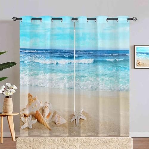 ANHOPE Rideau Occultant Tropical Océan Plage Coquille Rideau Thermique Isolant Tenture Opaque à Oeillets Draperies Intérieurs pour Maison Chambre Salon Fenetre 2 Pièces L 107 x H 180 cm