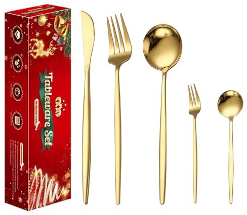 Wivico Posate Oro,Set Posate 6 Persone,30 Pezzi Set Posate Acciaio Inox,Posate Dorate Set Forchette Cucchiai e Coltelli,Coltello,Forchetta, Cucchiaio,Posate Colorate,Lavabile in Lavastoviglie