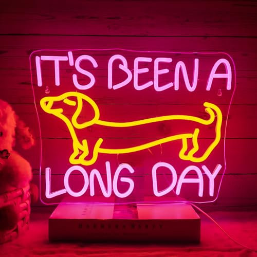 NOXET Wursthund It's Been A Long Day Neon Schild Rosa Gelb Leuchtreklame Buchstaben LED-Neonlicht Wursthund Neon Sign Hund LED Schild für Club Party Schlafzimmer Geburtstage Bar Hund Neonschilder