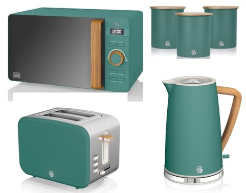 Swan Nordic Green 1.7L Jug Kettle, 2 Slice Toaster, 800W 20L Microwave and Canisters. Scandinavian Inspired Design Matching Kitchen Set of 6 in Pine Green with Wood Effect Accents
