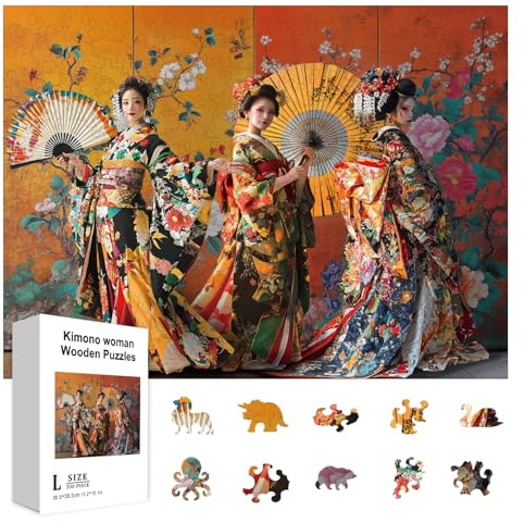 GLOBLELAND Holzpuzzle Erwachsene 300 Teile Holzpuzzles Japanischem Kimono Wooden Puzzle Unregelmäßige Einzigartige Puzzle für Erwachsene Kreatives Weihnachten Geschenke 11.22x15.16 Zoll