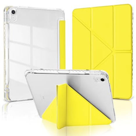 MuyDoux Custodia Origami per iPad 10a generazione 11 2022/iPad 11 A16 2025 11 pollici con portamatite, 5 angoli di visione regolabili, cover posteriore trasparente trasparente antiurto, giallo