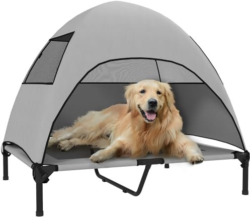 PawHut Hundeliege Outdoor mit Dach, Erhöhtes Hundebett für Große Hunde, Kühlendes Haustierliege mit Waschbares Mesh Stahlrahmen Tragtasche, Haustierbett für Draußen Camping 91x76x90cm, Hellgrau