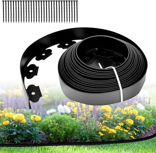 Lawn Edging, 10m Flexible Garden Edging Border Lawn Edging Strip with 30 Pegs, 5cm High Grass Path Edging Black Plastic Lawn Edge for Grass Paths, Drives, Flower Beds Lawns