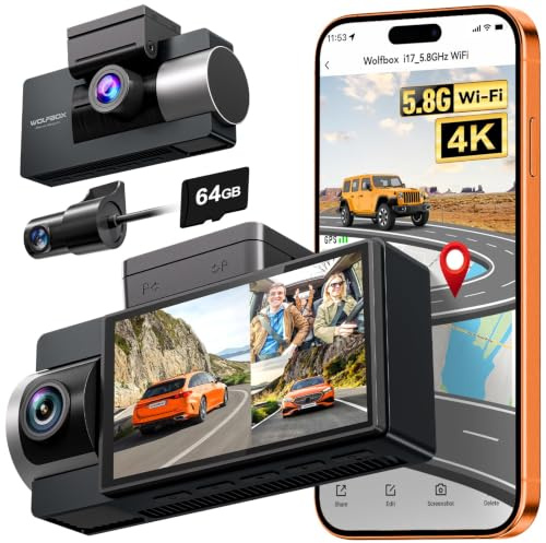 WOLFBOX i17 4K 3 Kanal Dash Cam Integriertes 5.8GHz WiFi GPS mit 64GB Karte | 4K+1080P+1080P Dash Cam Vorne und Hinten Innen, Dreifach Auto Kamera mit 3 Zoll Bildschirm, IR Nachtsicht, WDR, 24H Parkmodu