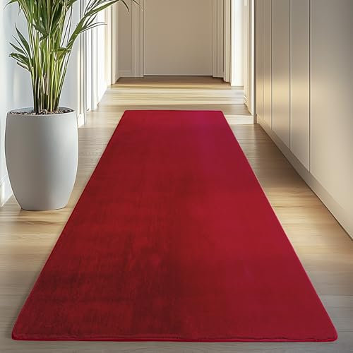 Carpettex Kurzflor Teppich Läufer Flur 80 x 250 cm Rot - Teppich Waschbar, Weich, rutschfest, modern einfarbig Design - für Wohnzimmer, Schlafzimmer, Küche, Esszimmer
