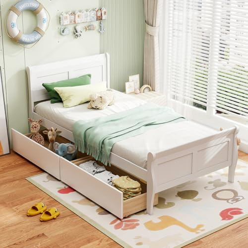 GIANTEX Twin Bed with 2 Storage Drawers, Wood Platform Bed with Headboard & Footboard, Wooden Slats Support Mattress Foundation, Twin Bed Frames for Kids Teens Adults, No Box Spring Needed (White)
