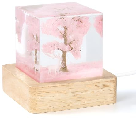 Syfunlv Nachttischlampe aus Epoxidharz,Kirschblütenbaum Nachtlicht,Rehwürfel-Ornamentemit Holzsockel,Schreibtisch Kunst Ornamente,für Heimdekoration,Nachttisch,Hochzeit,Wohnzimmer (Stil 3)