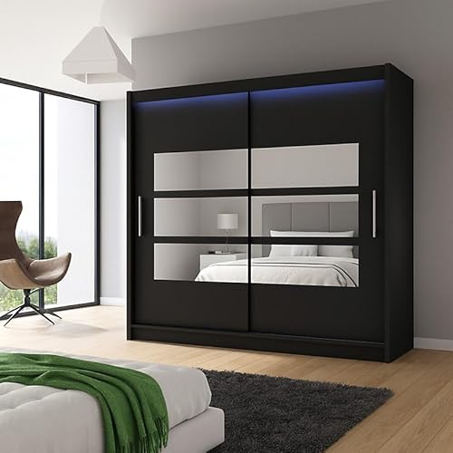 Agritrade AK BEGA III 180cm Wardrobe with Hanging Rail, Sliding Doors, Shelves, and Mirror Storage - Black with LED Lights