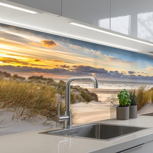 KitchenYeah© Spritzschutz Küche Küchen Rückwand Küchendeko Wand Wandschutz | 80x150 cm - Selbstklebend Backsplash Kitchen Peel And Stick Strand - Düne - Gras - Sonnenuntergang - Meer