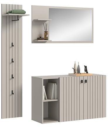 xonox.home – 3-TLG. Garderobenkombination Station 152x192x37 cm in Kaschmir – Kompaktes Garderobenmöbel-Set mit Schuhkommode, Spiegel und Wandpaneel – funktional