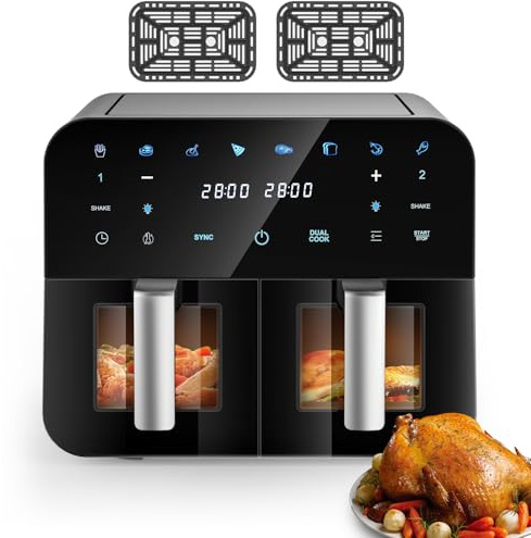 9L Dual Basket Air Fryer,Compact Space-Saving Design with 2 Drawer,Energy and Time Saver with 8 Cooking Presets for Oil Free & Low Fat Healthy Cooking,Smart Touch Screen,Dishwasher Safe,Black