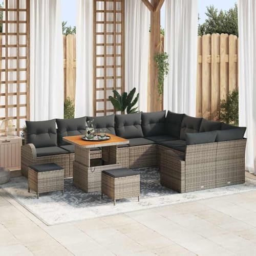 QJBSAVVA Gartensitzgruppe 12-TLG grau Poly-Rattan 80x80 cm Eckbank-Design Modern Lounge für Terrasse Balkon Outdoor-Möbel mit wetterfesten Kissen