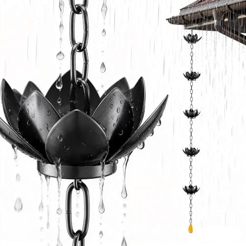 Ysislybin Catena Antipioggia, Catena Nera per Drenaggio dell'Acqua Piovana da 1,2 M A Forma di Loto in Ferro per Decorazioni Esterne per Casa E Giardino Efficiente Drenaggio dell'Acqua Piovana